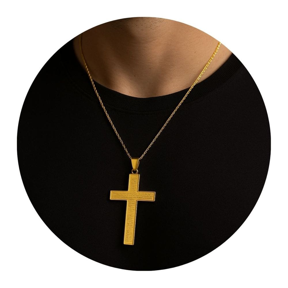 Pingente Cruz Pai Nosso Dourado em Aço Inoxidável