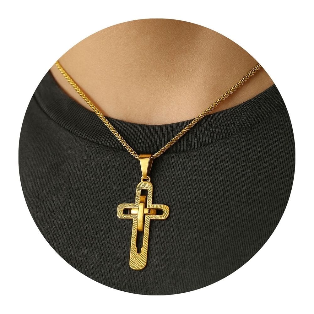 Pingente Cruz Dupla em Aço Inox Dourado Unissex