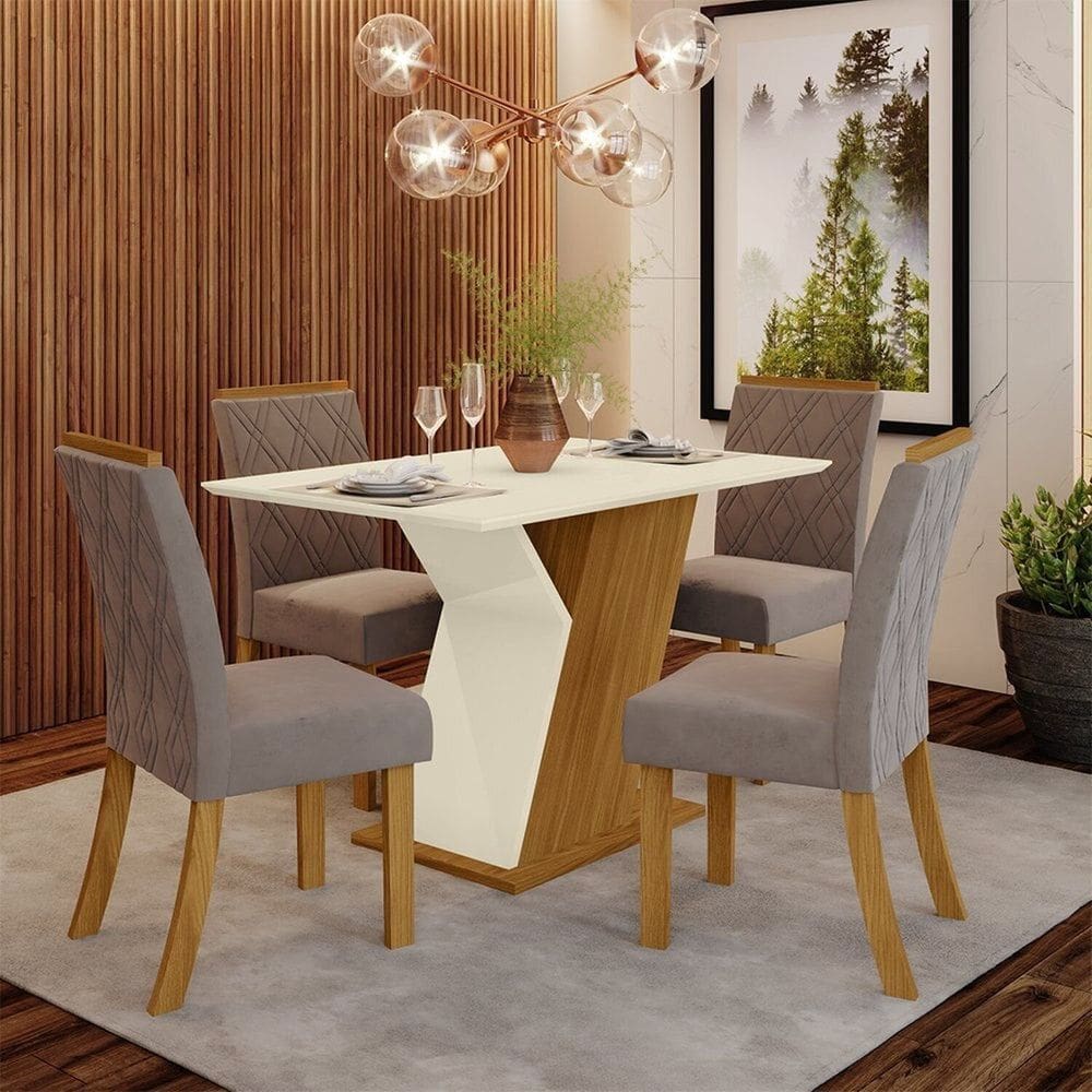 Conjunto Sala de Jantar Mesa 120cm 4 Cadeiras Évelin Espresso Móveis Marrom / Off White / Marrom / Amêndoa