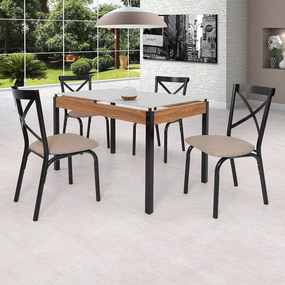 Conjunto Sala de Jantar Mesa 120cm X 77cm Tampo Vidro com 4 Cadeiras Karina Preto Fosco / Bege