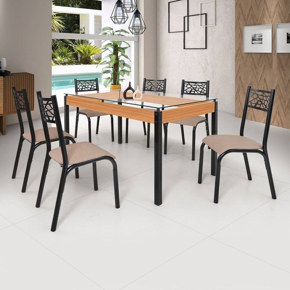 Conjunto Sala de Jantar Mesa 140cm X 77cm Tampo Vidro com 6 Cadeiras Jade Preto Fosco / Bege
