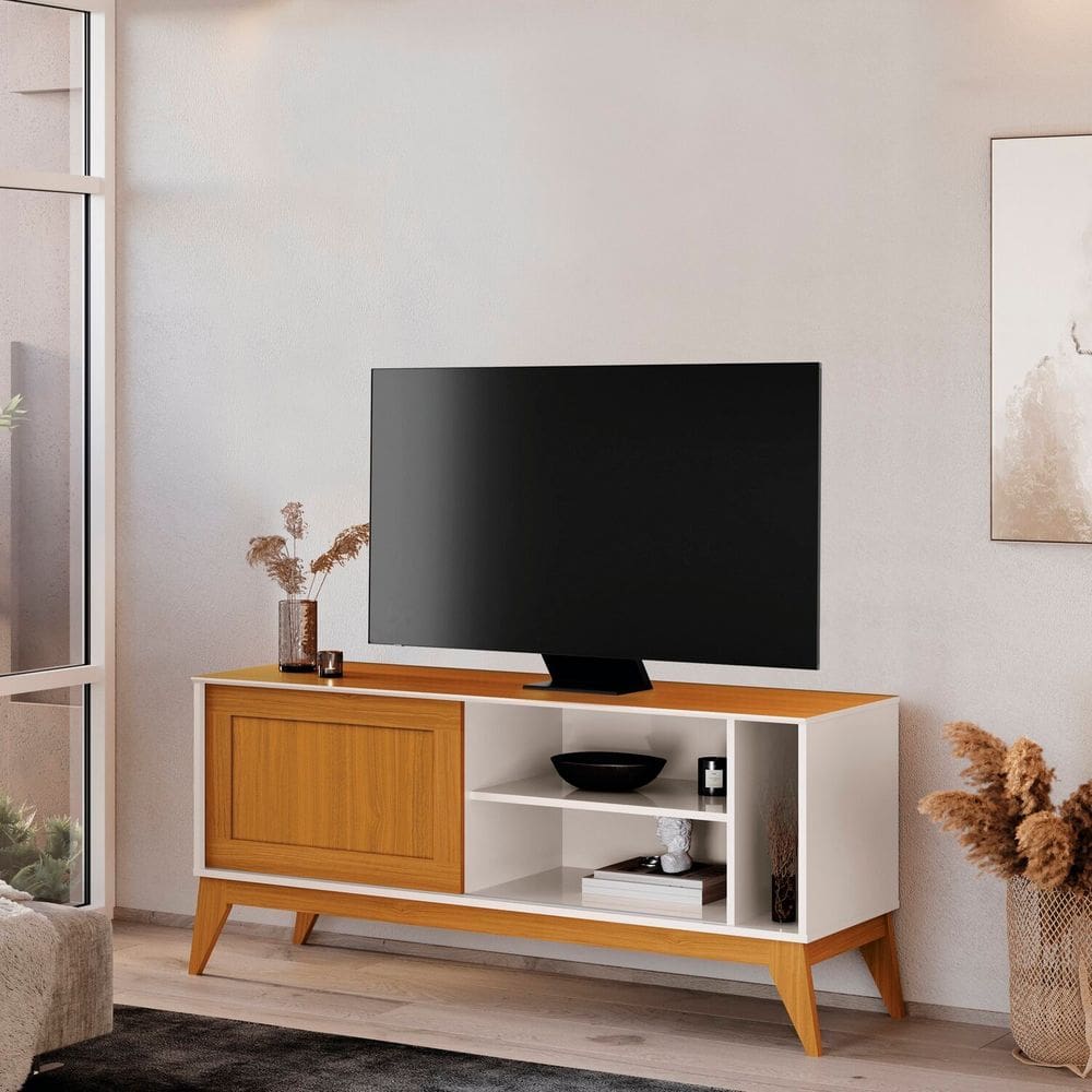 Rack para Tv 50 Polegadas com Porta Deslizante Aruba Off White/ Cedro