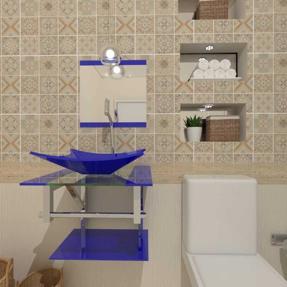 Gabinete Vidro 45Cm Inox Com Cuba Ret Azul Escuro + Torneira