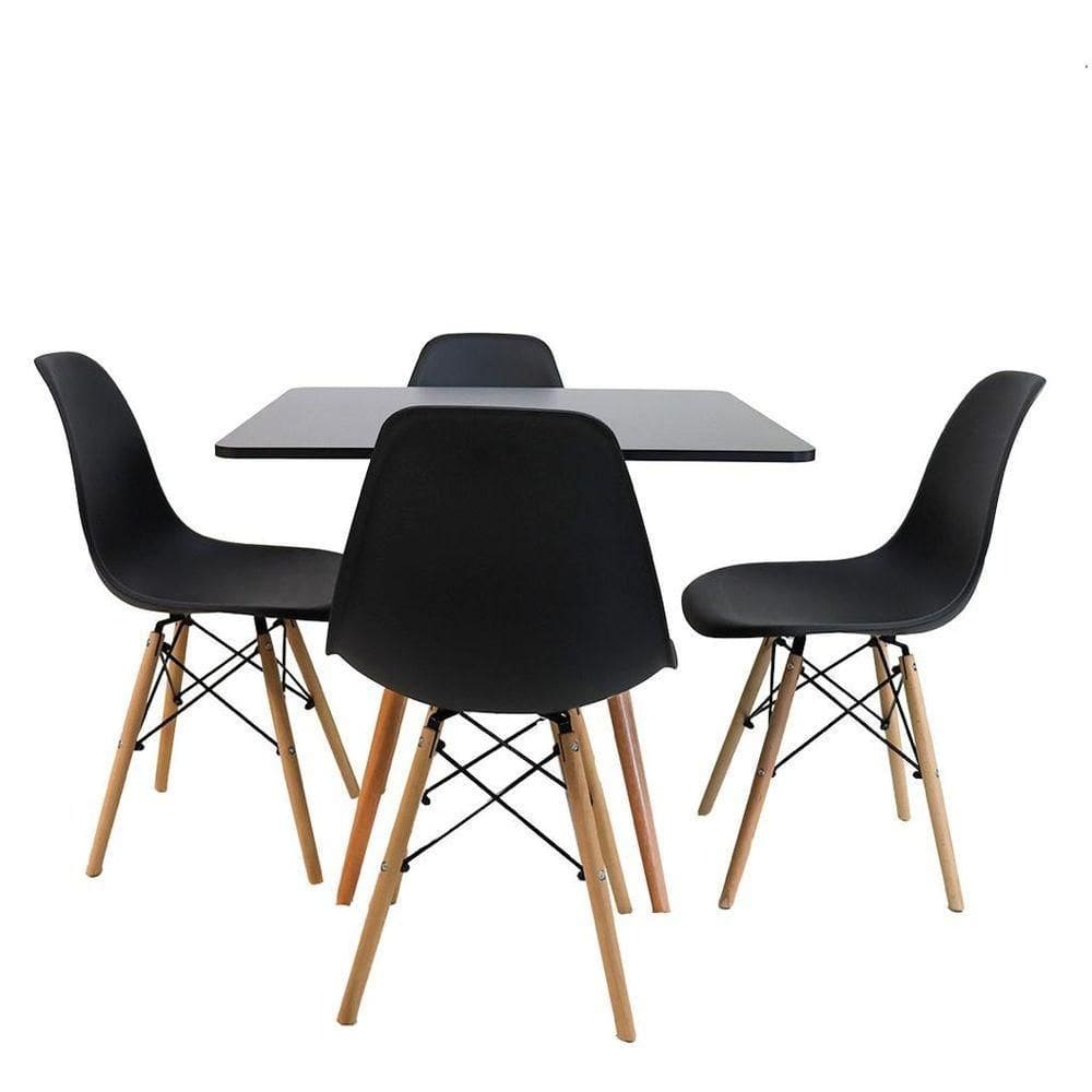 Conjunto De Mesa De Jantar Eames Eiffel Quadrada 90cm Tampo De Madeira Preto Com 4 Cadeiras Pretas