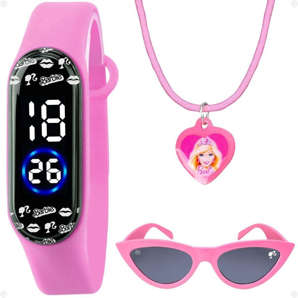 Relogio Barbie Infantil Digital + Oculos Proteção Uv + Colar