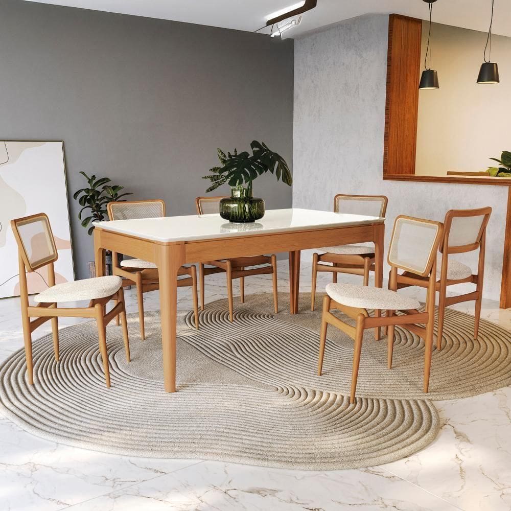 Conjunto Sala De Jantar Madeira Maciça 6 Cadeiras Kappesberg Off White Linho Areia tela Bege