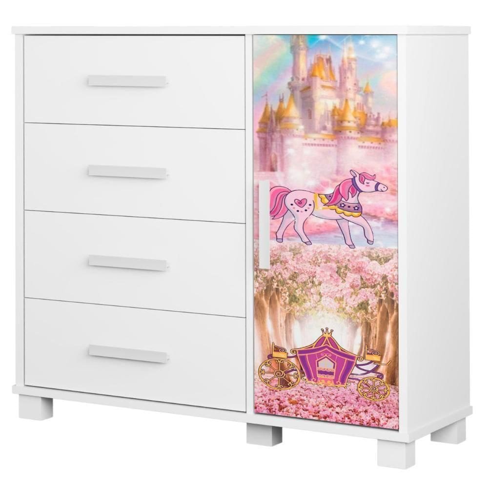 Cômoda Infantil Para Quarto 80cm 4 Gavetas Carruagem Rosa Z53 - Mpozenato