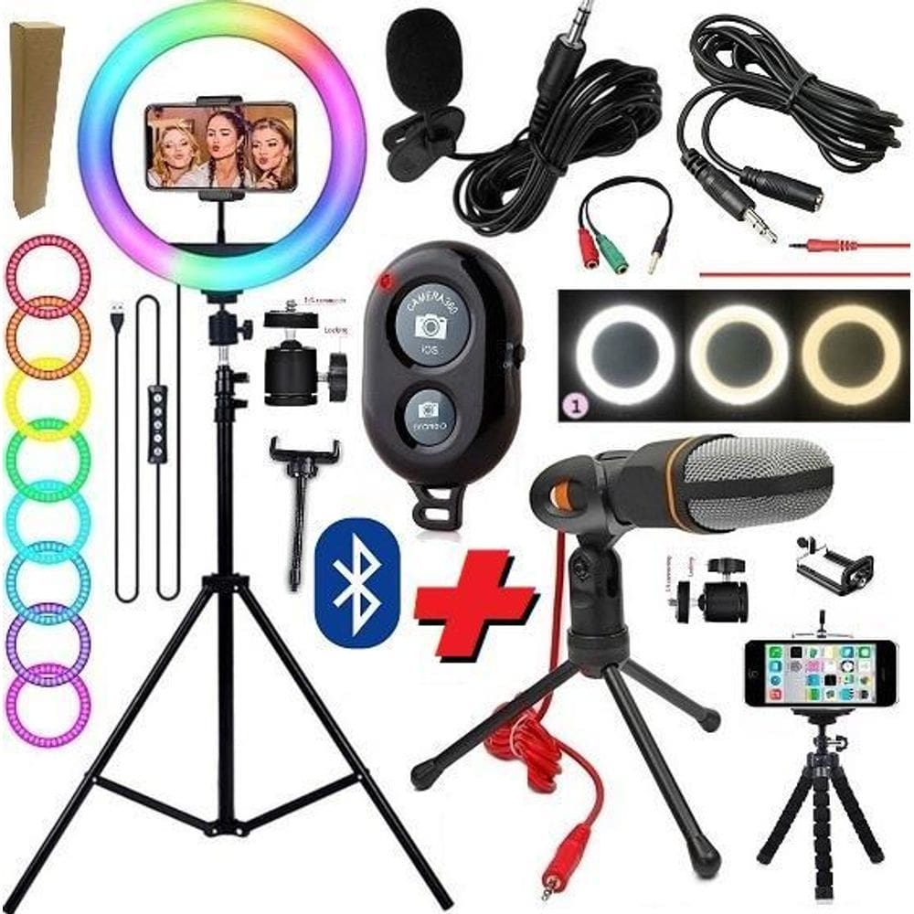 Kit Gravação Vídeo Profissional Iluminador Luz Led Ring Rgb
