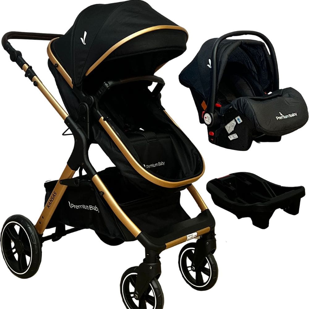 Carrinho de Bebê Premium Baby Kansas 3 em 1 Berço Passeio Moisés com Bebê Conforto Travel System TRIO Reclinável Preto Gold com Base para Carro