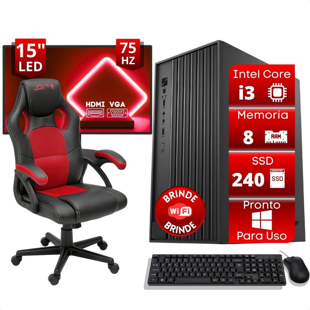 Kit computador Cpu Intel Core I3 2ªG Memória 8GB SSD 120GB com Cadeira Monitor Mouse Teclado