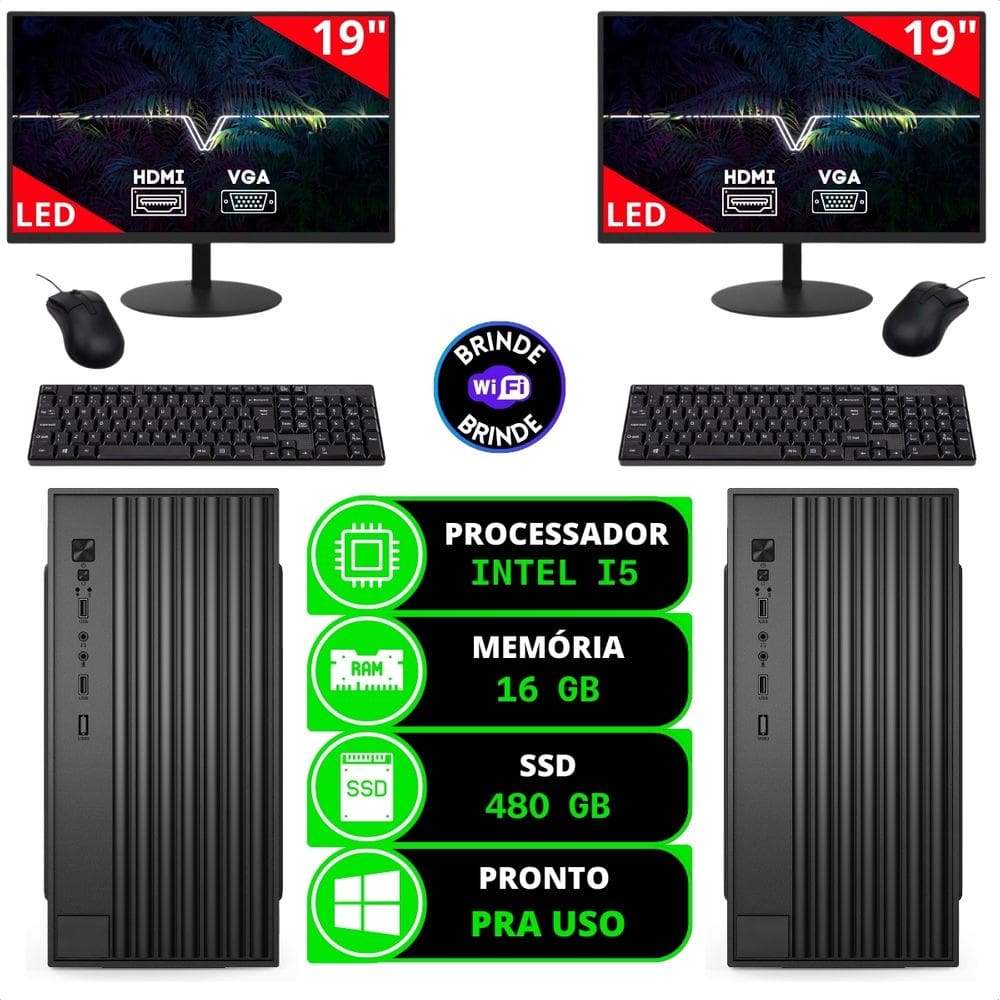 Kit 2 computadores Completos Intel Core i5 2ªG Memória 16GB SSD 480GB com Monitores Mouses Teclados