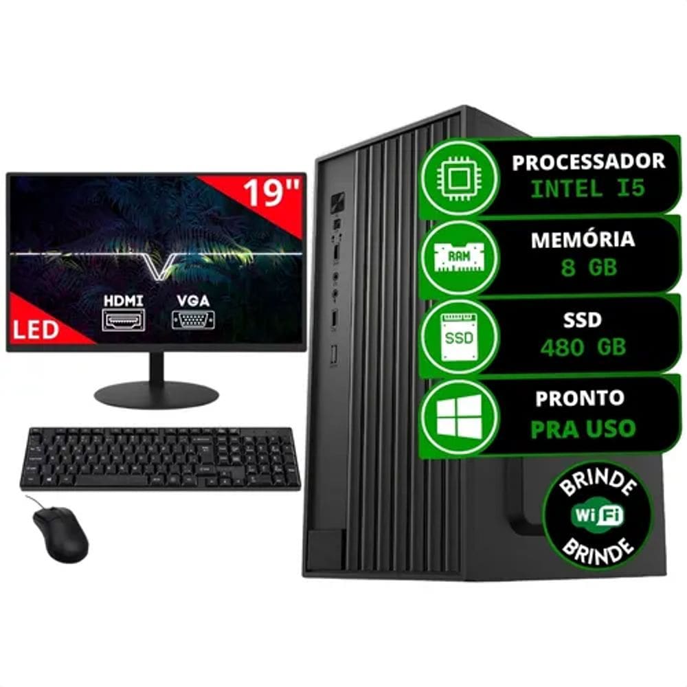 Computador Completo Intel Core i5 2ªG Memória 8GB SSD 480GB com Monitor 19" Mouse Teclado