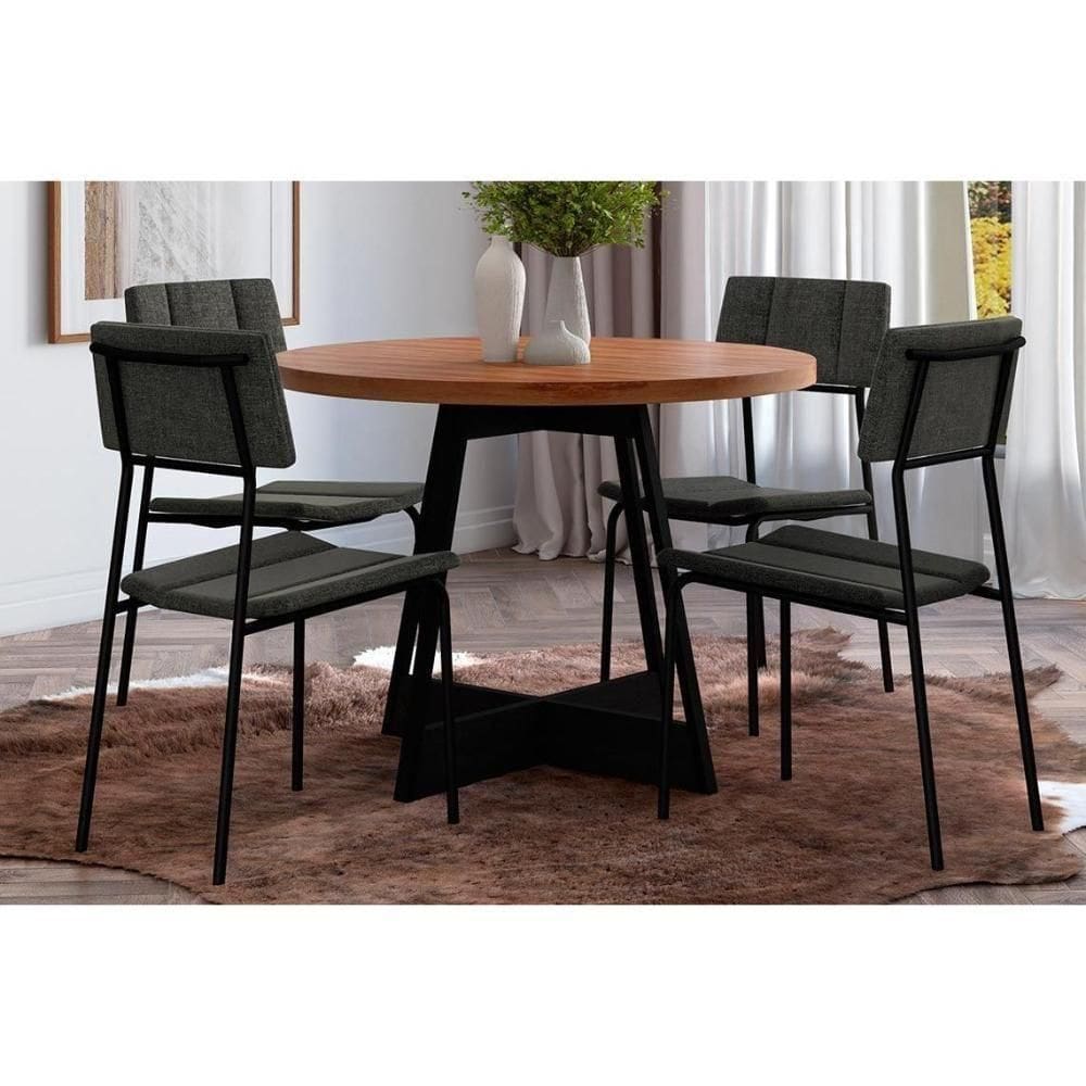 Conjunto Mesa De Cozinha átria 1594 Aço Com Tampo Madeirado 100cm E 4 Cadeiras Lou Preto Nogal Preto Grafite Carraro