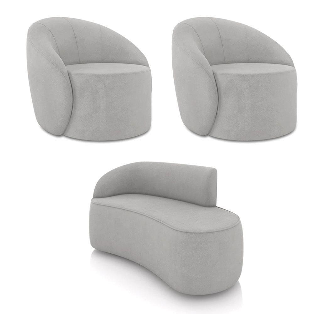 Sofá 2 Lugares Orgânico 140cm Morgan E 2 Poltronas Lua Suede Cinza D03 - D`rossi