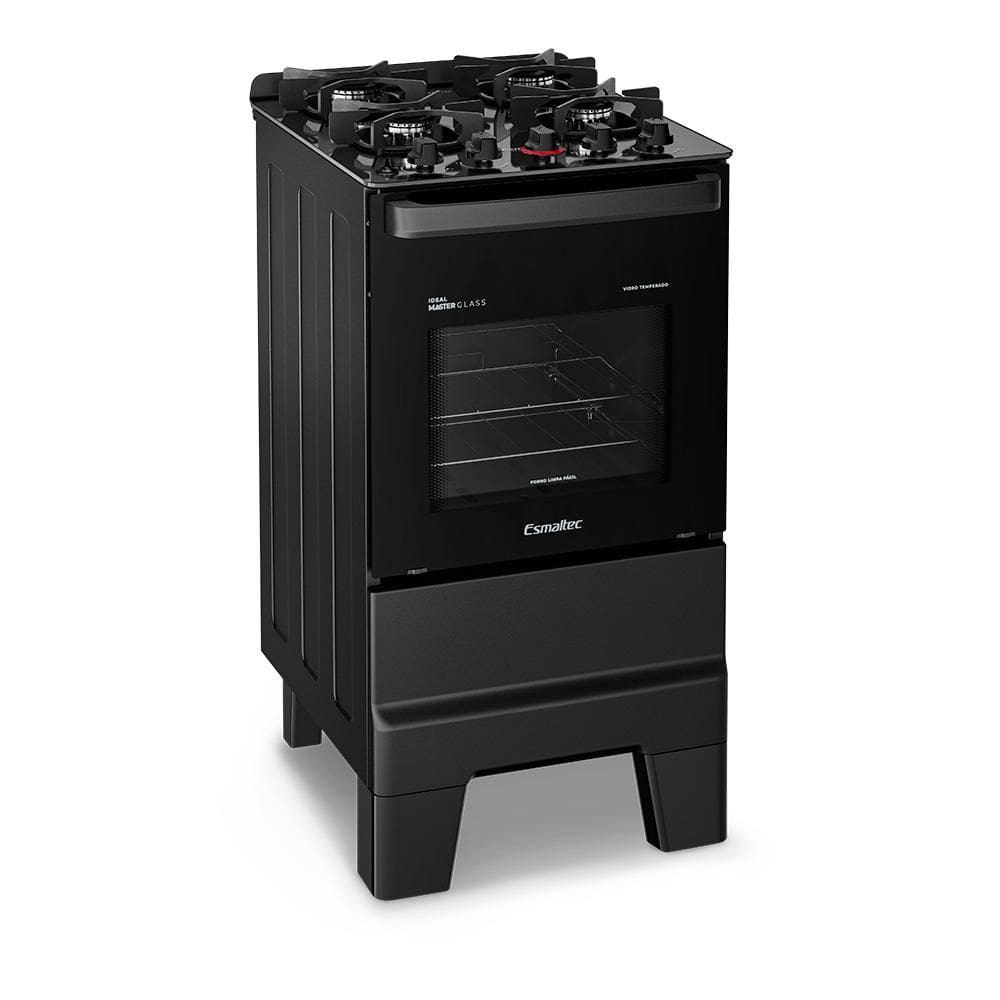 Fogão a Gás Mesa de Vidro Forno 50L Limpa Fácil Porta Full Glass e Acendimento Automático Esmaltec IDEAL Master Glass T4VFP Cor Preto 4 bocas Bivolt