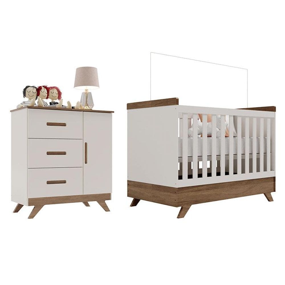 Berço Americano Vitória e Cômoda Infantil Retrô Maya Off White Carvalho - Carolina