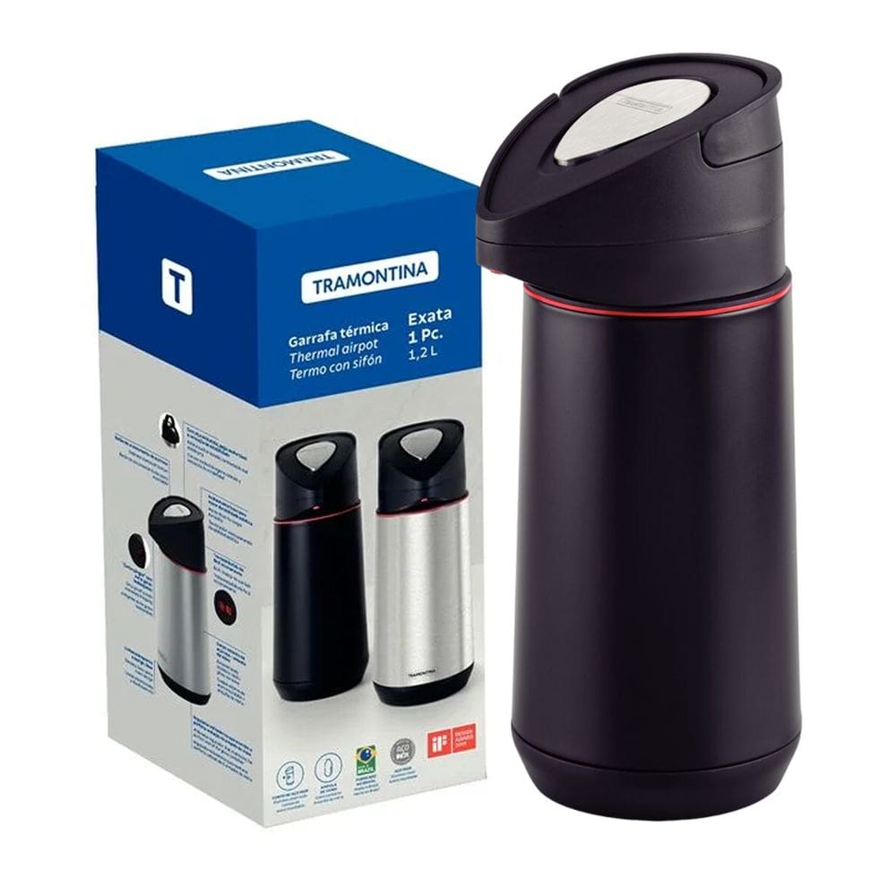 Garrafa Térmica Tramontina Exata 1,2 Litro em Aço Inox com Ampola de Vidro e Alça Bico Corta-Pingos
