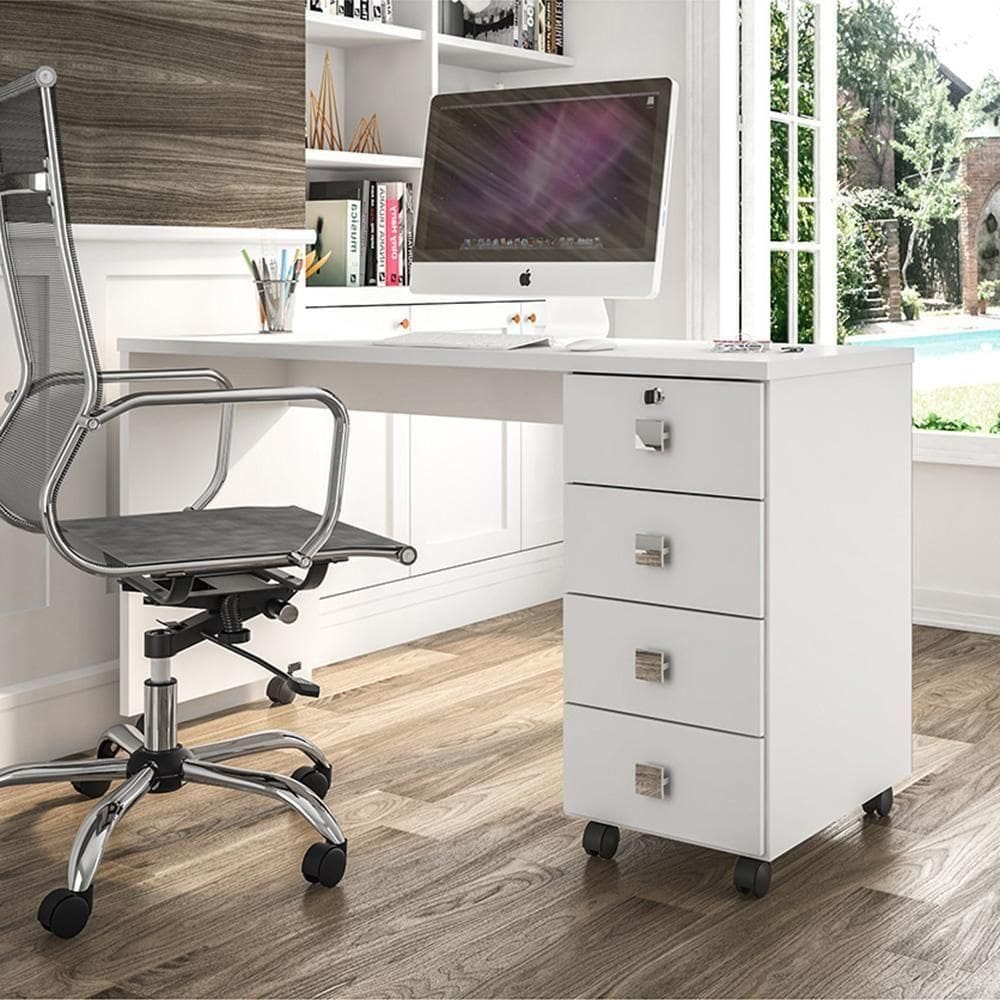 Escrivaninha Para Computador Office Com 4 Gavetas Dubai Branco Brilhante - Lukaliam Moveis
