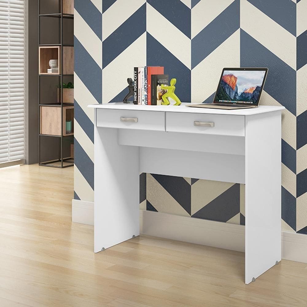 Escrivaninha 2 Gavetas Alessa - Mdp Puxadores Cromados 2 Gavetas Branco - Ej Móveis