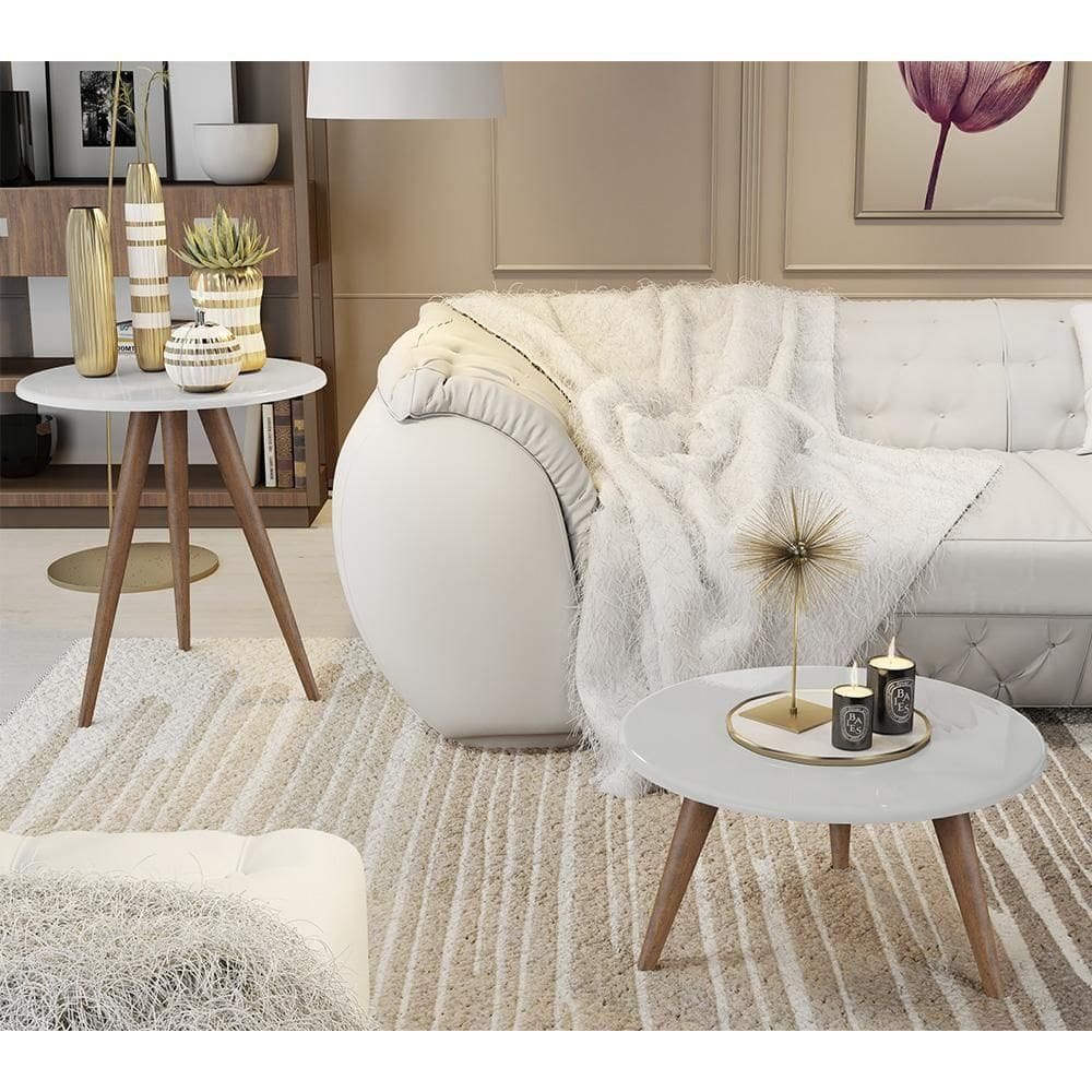 Conjunto 2 Mesas Retrô Natália - Pés Palito Lateral Apoio Mdf Mdp Branco - J3 Móveis