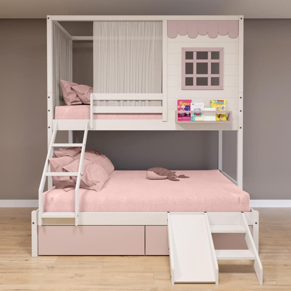 Beliche Casinha Reta Casal/ Solteiro 02 Gavetas Rosa Escorregador e Cortina Madeira Maciça Branco/ Rosa Housin