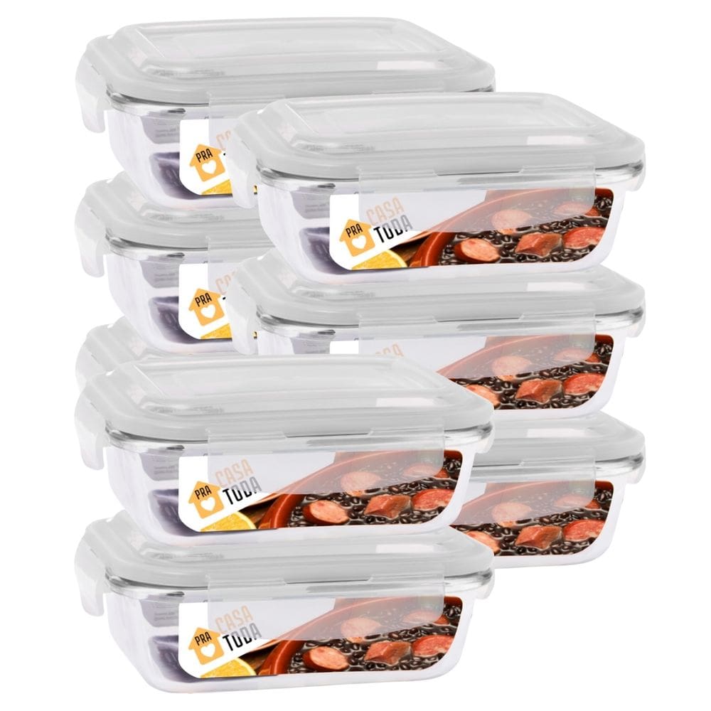 Conjunto 8 Potes Vidro Retangular 1040ml Com Tampa Marmitas Fitness