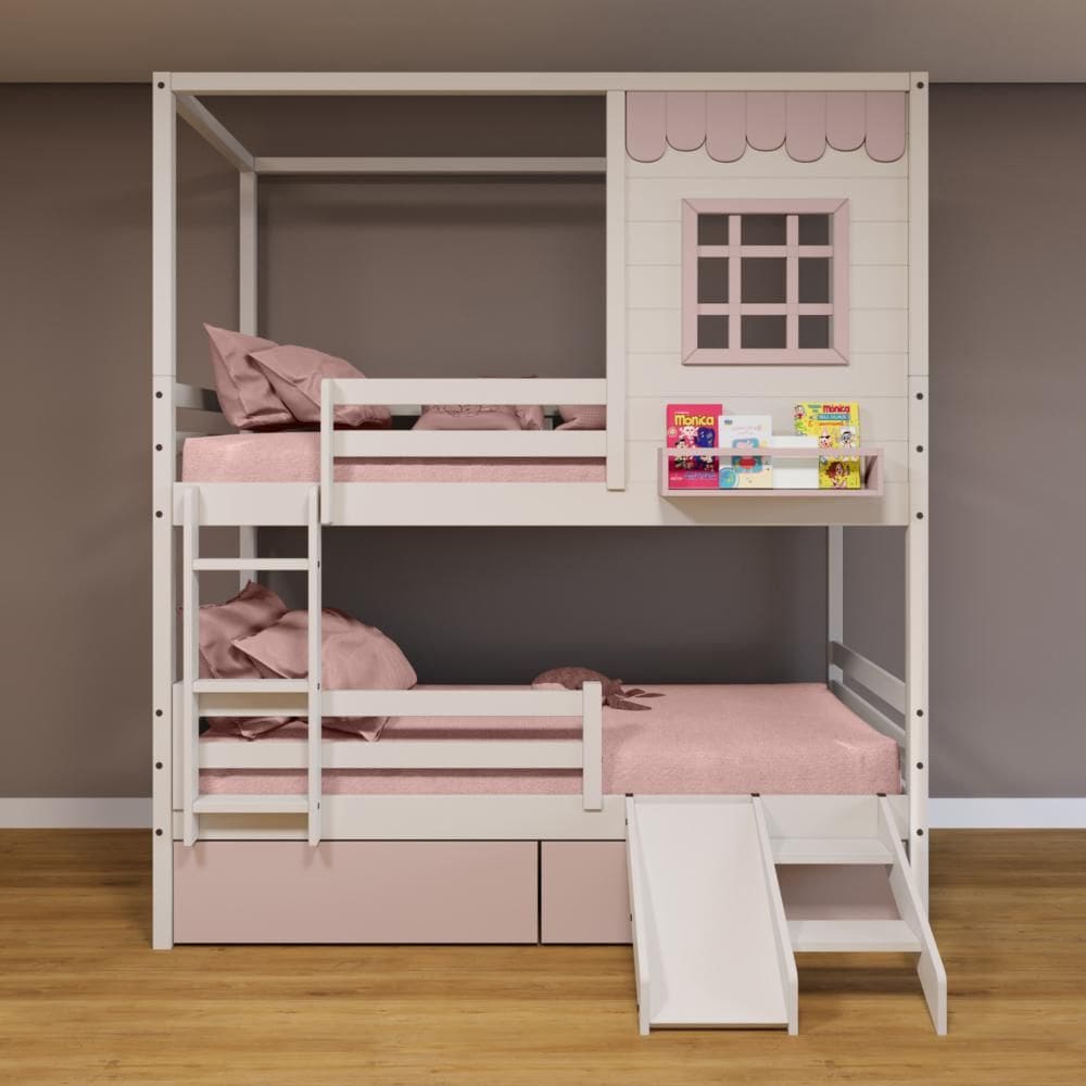 Beliche Casinha Reta 02 Gavetas Rosa Escorregador e Grade Removível Madeira Maciça Branco/ Rosa Housin