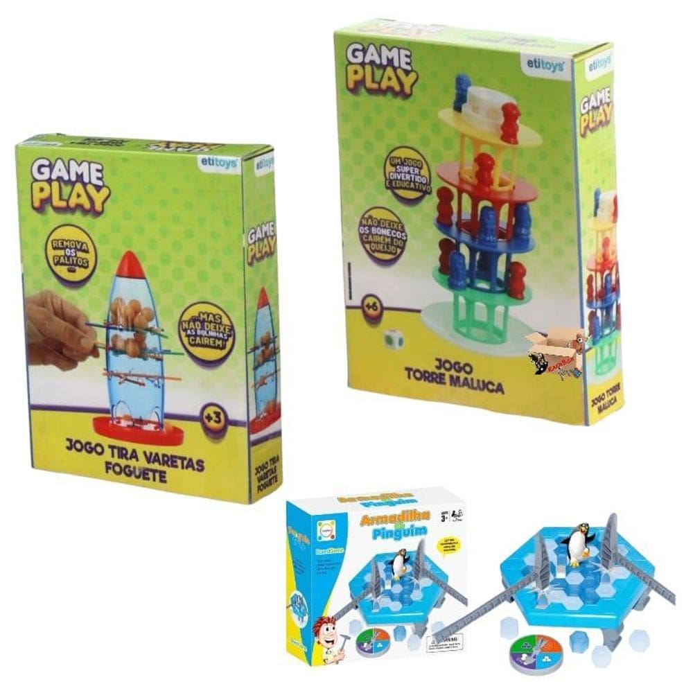 Kit 3 Jogos Torre Maluca + Tira Varetas + Pinguim Numa Fria