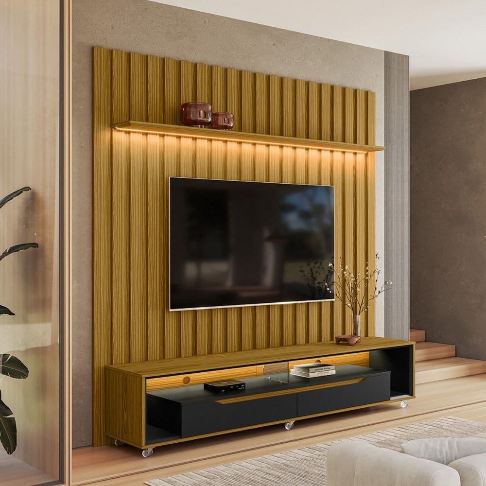 Painel Ripado com Led London 177cm e Rack Loop com Rodízios TV 70 Polegadas – Olivar Móveis