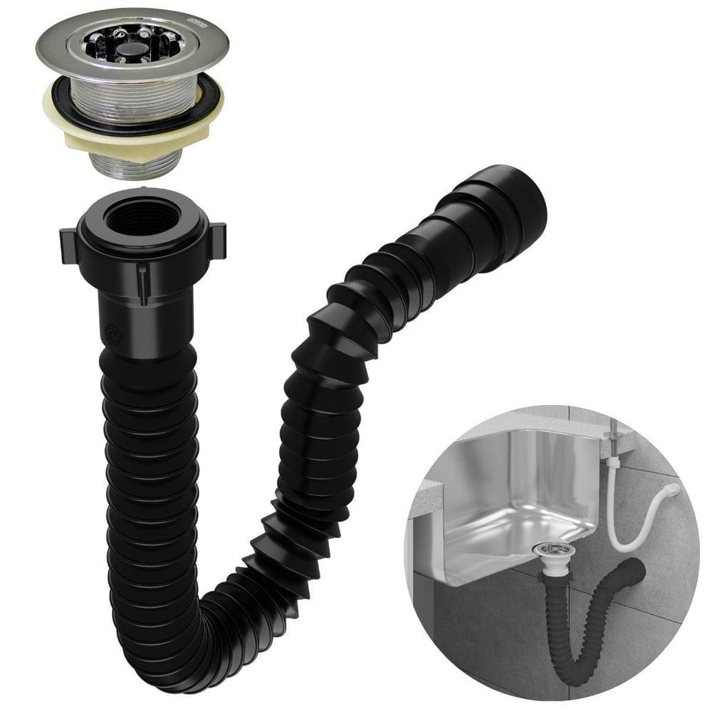 Sifão Sanfonado Universal 61Cm Preto + Válvula Americana