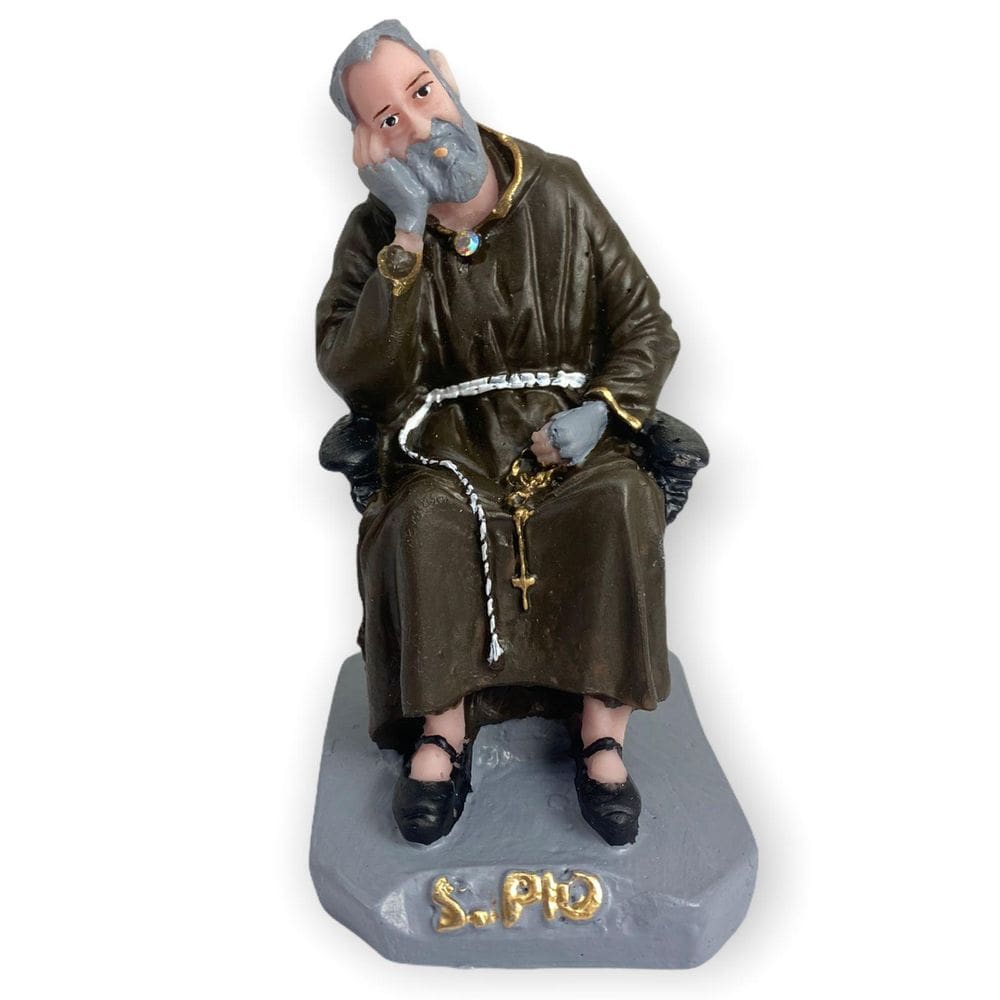 Escultura Padre Pio Sentado 11 Cm Em Resina