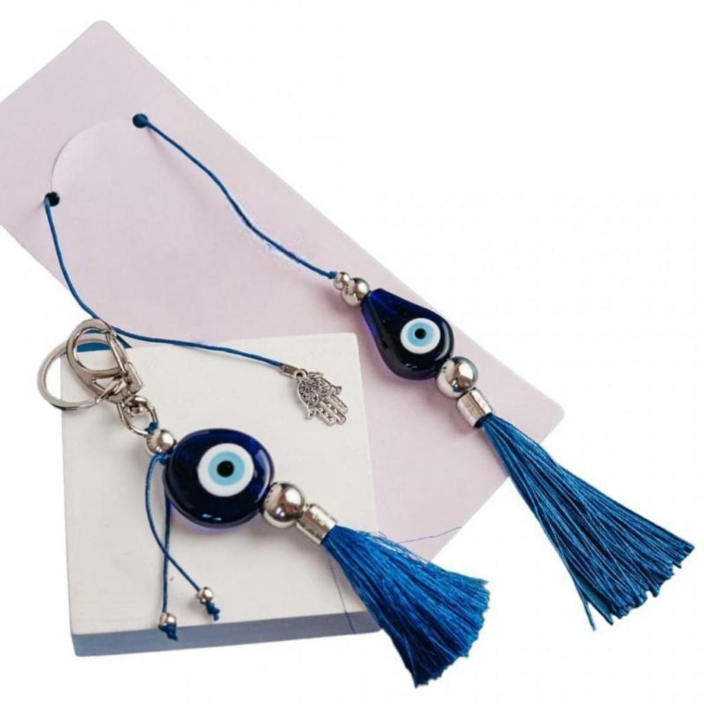 Kit Chaveiro E Guia Olho Grego Para Carro Vidro Azul