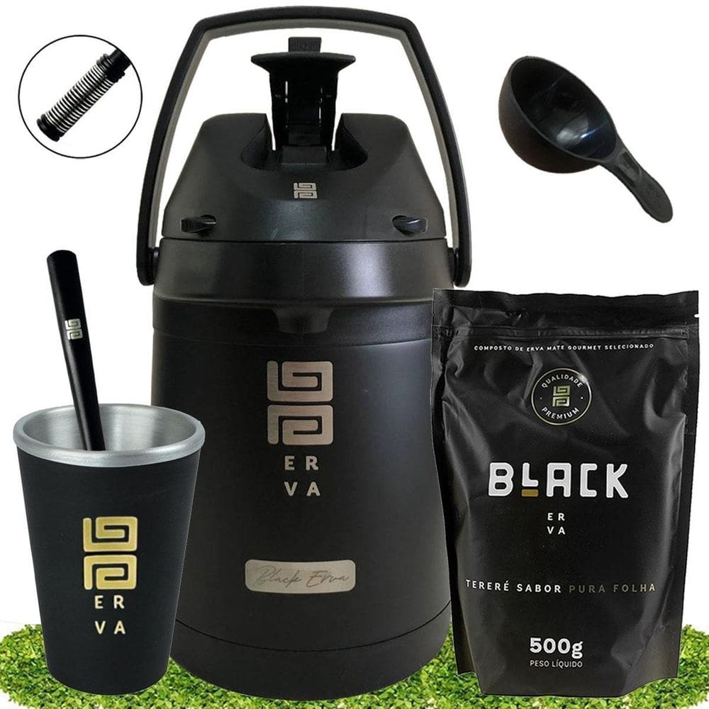 Kit Tereré Black + Cuia Térmica + Garrafa Inox + Bomba Mola