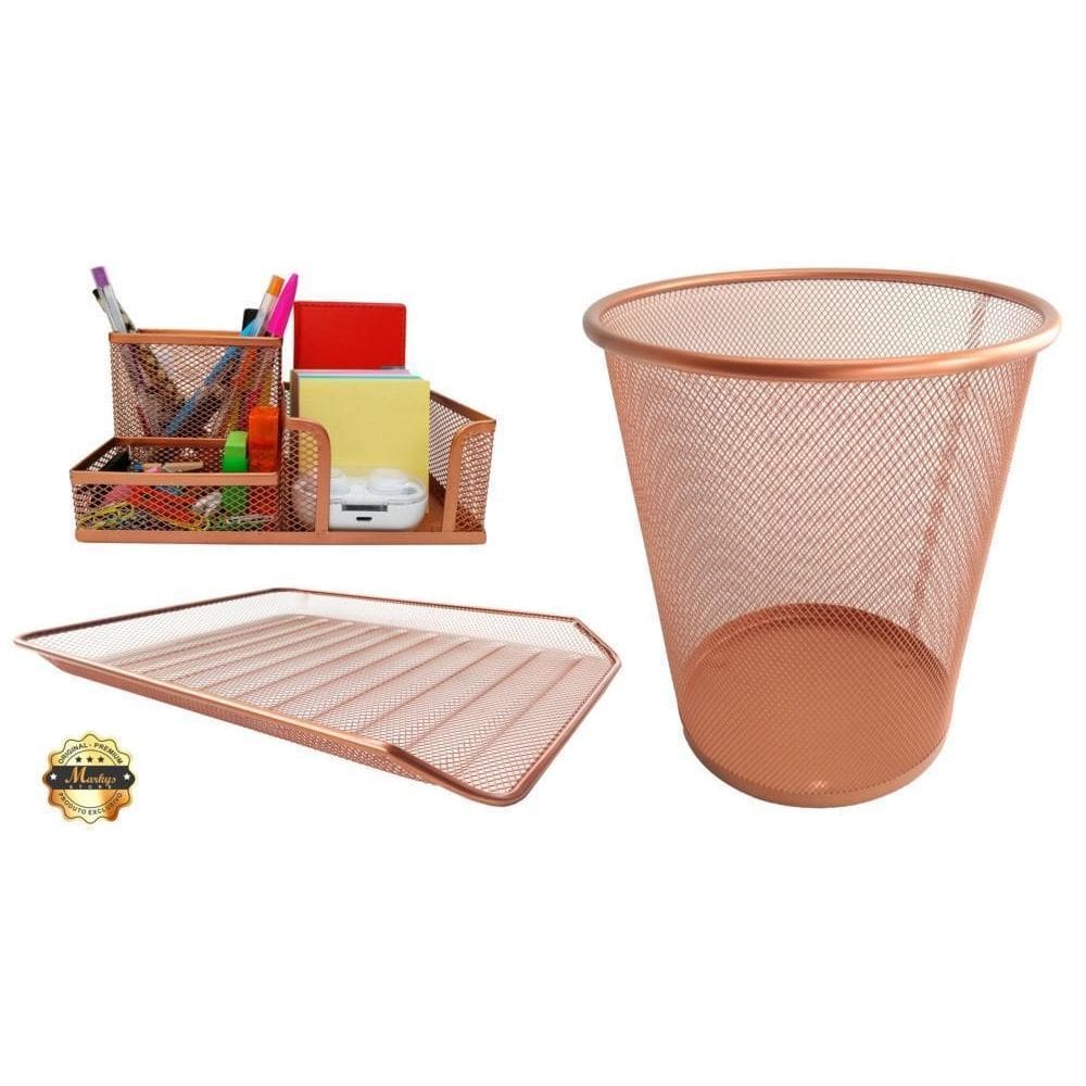 Kit Escritório Lixeira Organizador De Mesa Bandeja Rose Gold