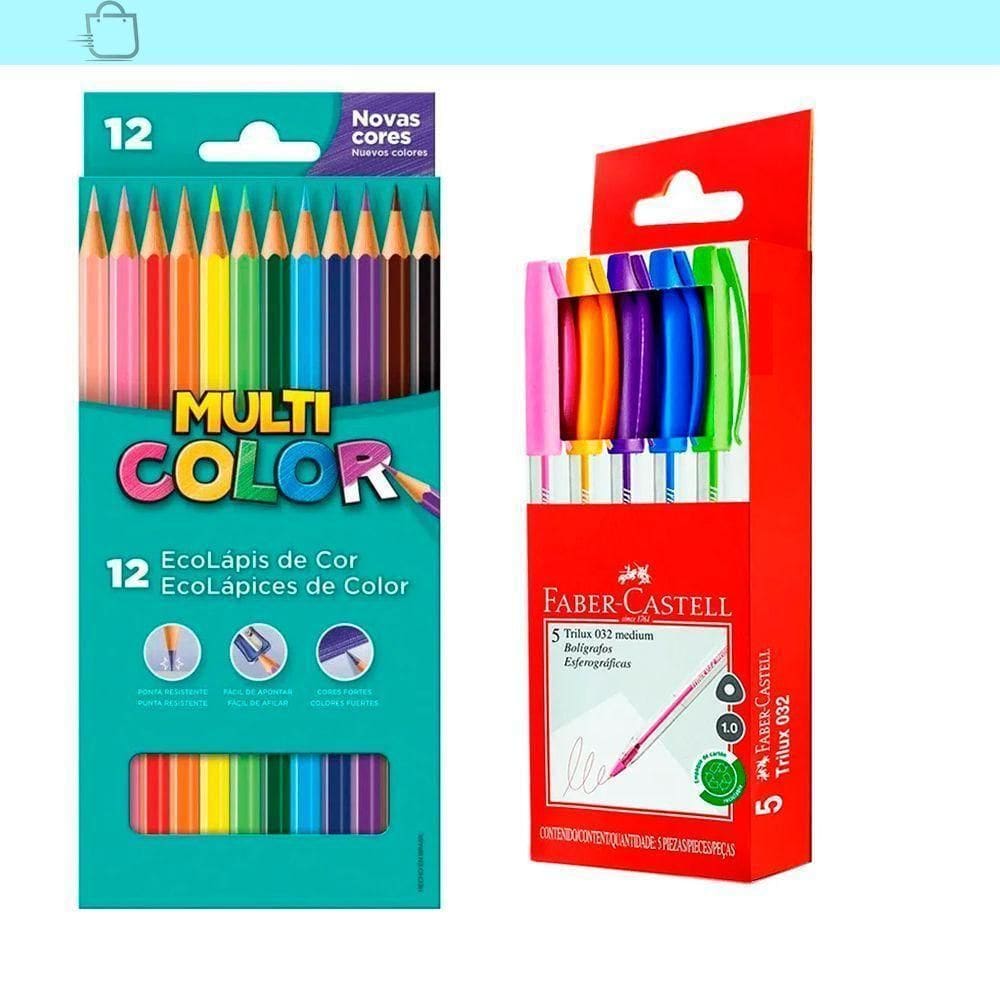 Kit Canetas Trilux 5 Cores E Ecolápis 12 Cores Faber-Castell