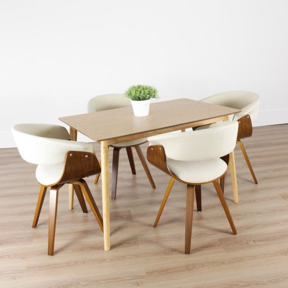 Conjunto Sala de Jantar Mesa Finlândia 120x75cm com 4 Cadeiras Betina Giratória Linho Creme