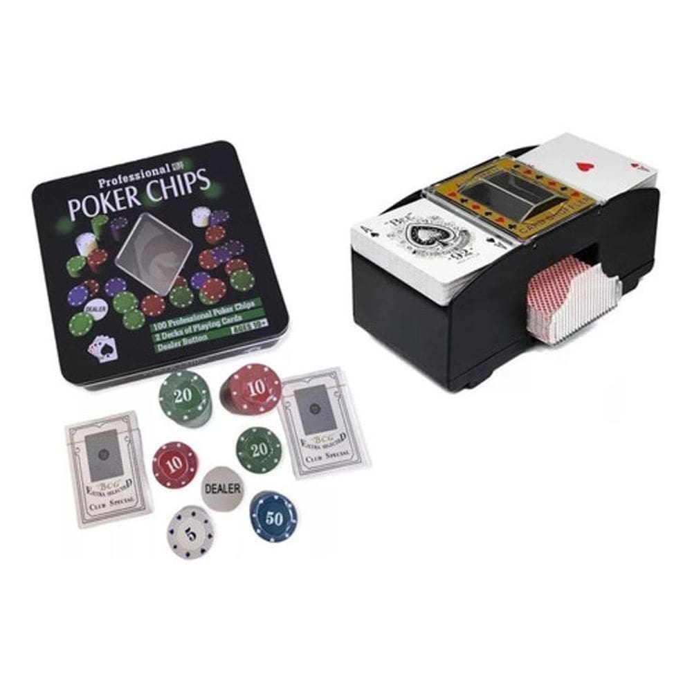 Kit Fichas Poker 100 Pçs Dois Baralhos + Embaralhador Cartas