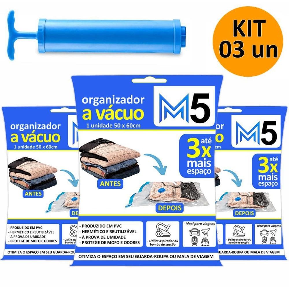 Kit 3 Saco A Vácuo 50X60Cm Organizador Hermético Mala Viagem