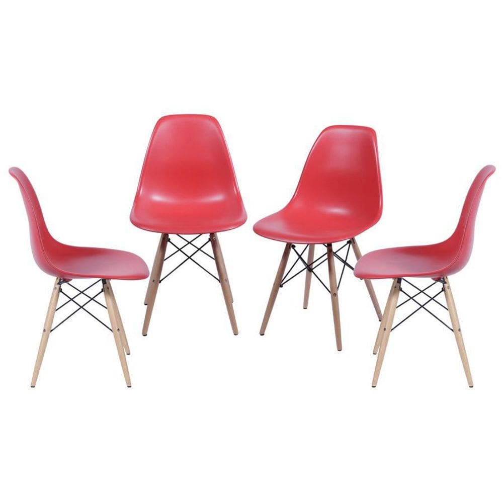 Kit 4 Cadeiras Boxbit Dkr Eames Base Em Madeira Vermelha