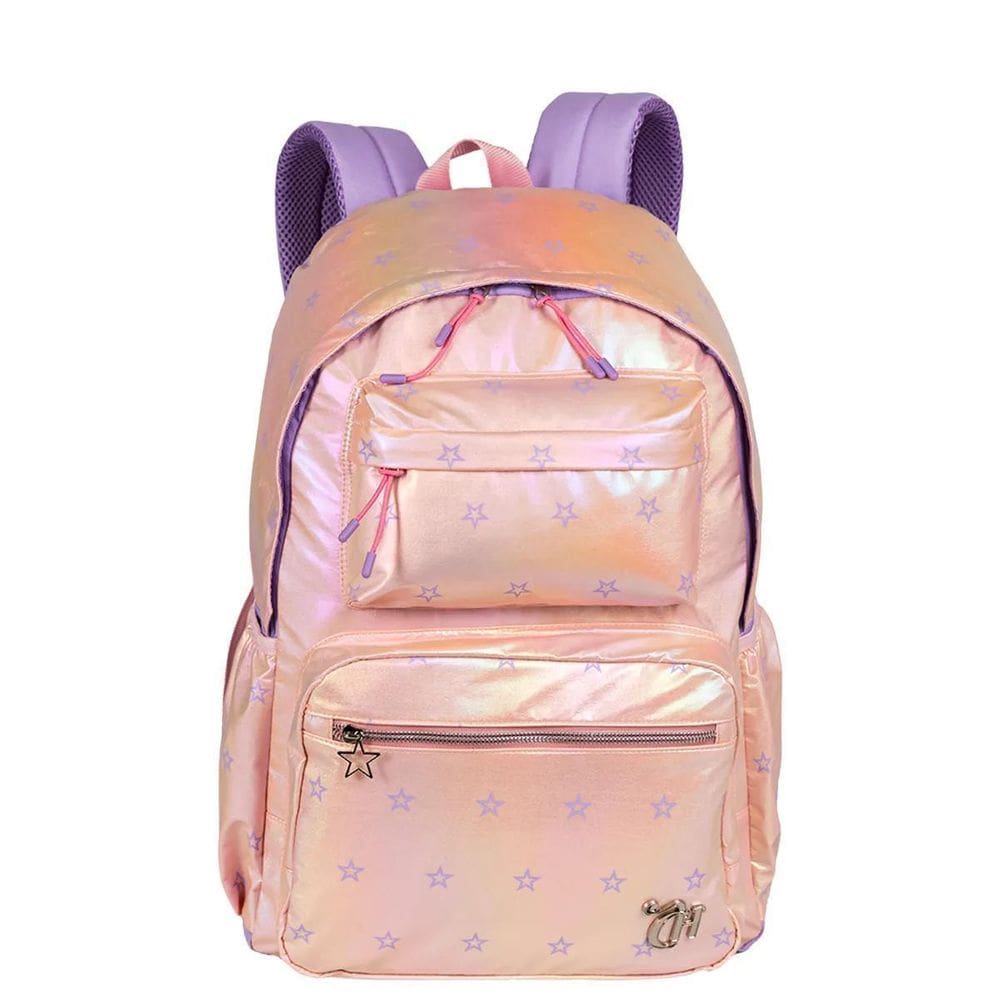 Mochila Grande Capricho Estrela Rainbow - Rosa E Lilás