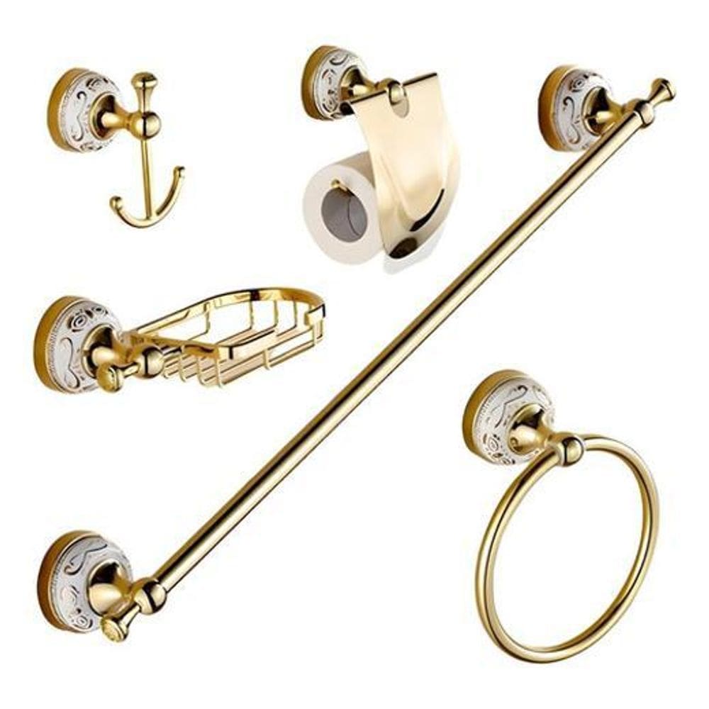 Kit Banheiro Dourado Porcelana Argola Toalheiro Suporte Luxo