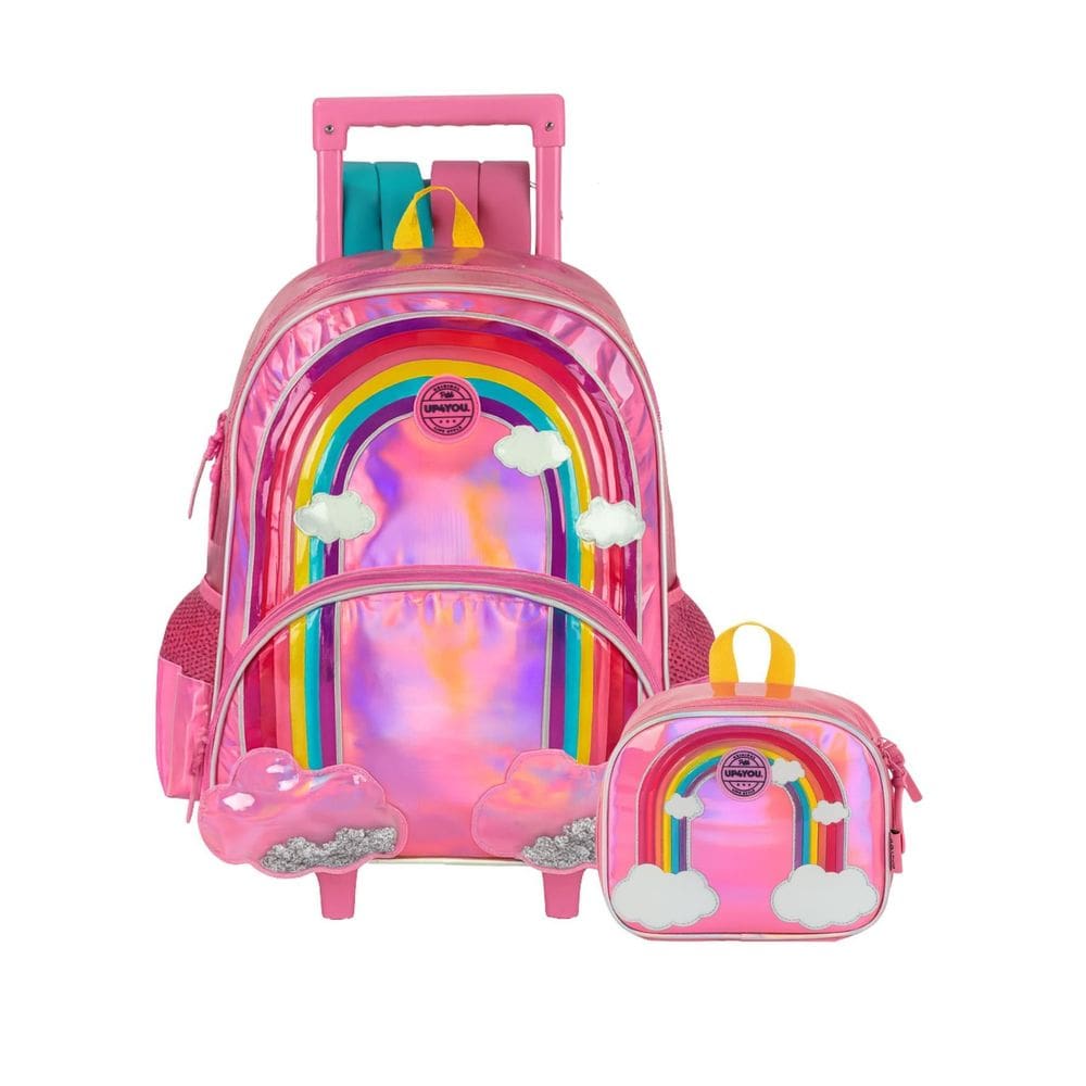 Kit Escolar Arco-Íris Mochila Costas Rodas + Lancheira