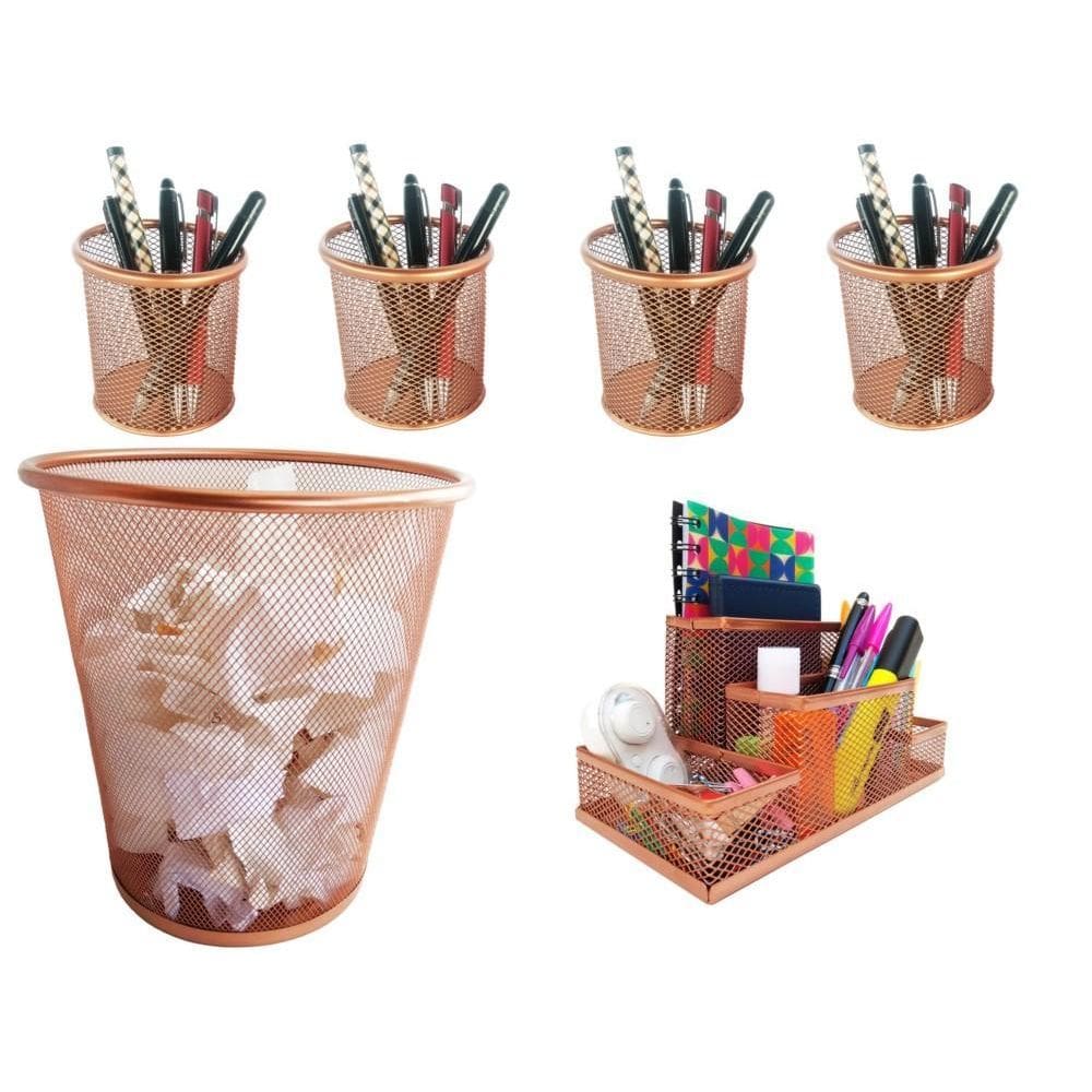 Kit Organizador, Porta Caneta E Lixeira Rose Gold Escritório