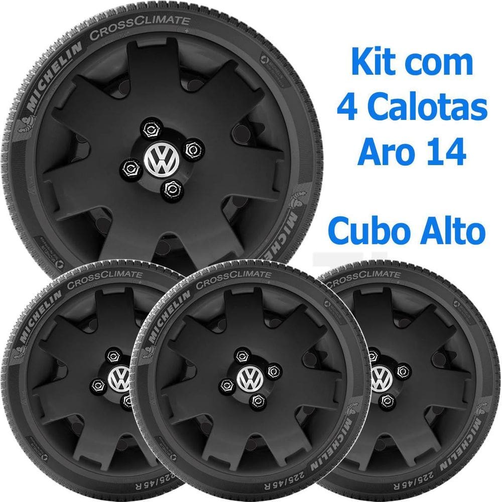 4X Calota Vw Gol Parati G3 G4 Aro 14 Cubo Alto Preto 061Ca