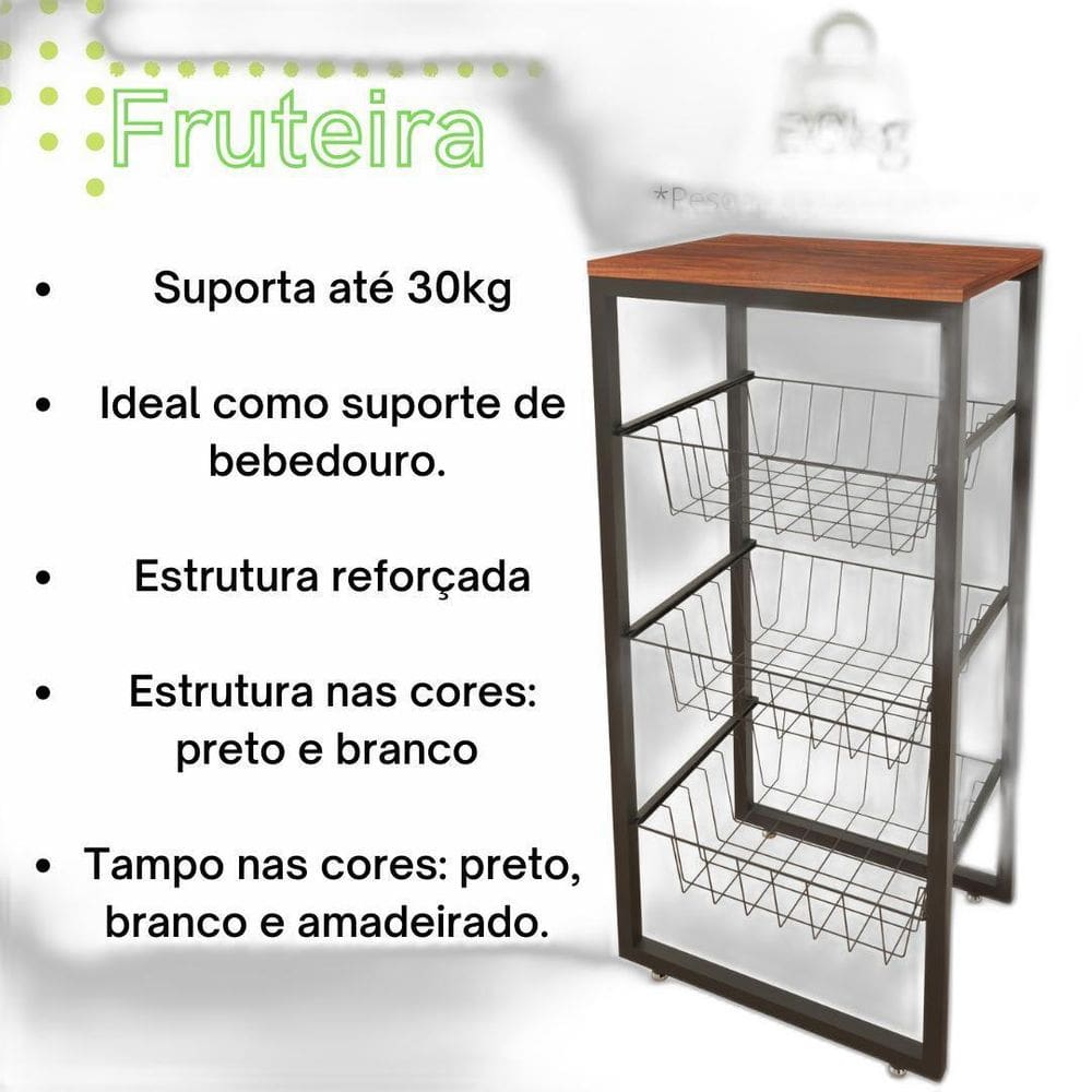 Fruteira De Chão Em Aço Cozinha Suporte Bebedouro Mdf Preto