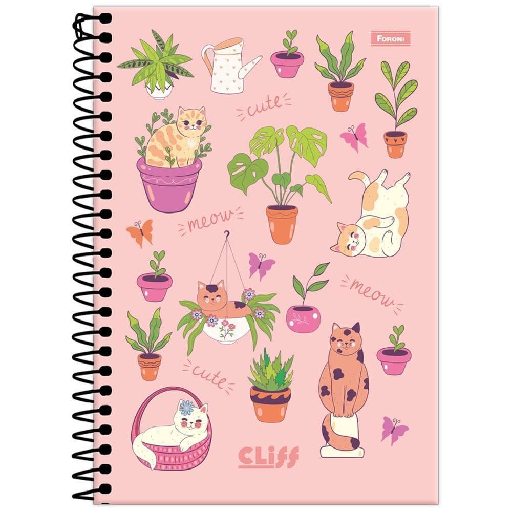 Caderno 1/4 80Fls Esp 140X202Mm Cliff Fem Gatos Rosa Foroni