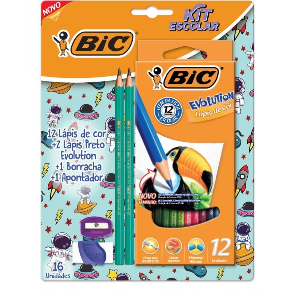 Kit Escolar Básico Lápis cor+Lápis preto+Borracha+Apontador