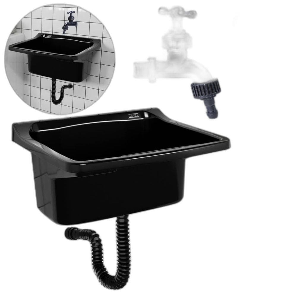 Tanque Lavanderia 22L Preto + Sifão Universal Sanfonado +