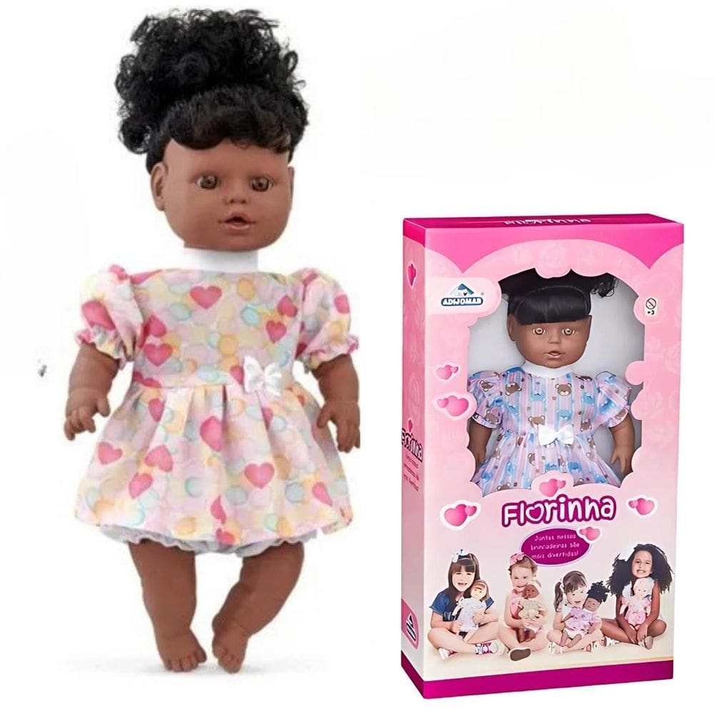 Boneca Bebê Florinha Negra Cabelo Cacheado Princesa Adijomar