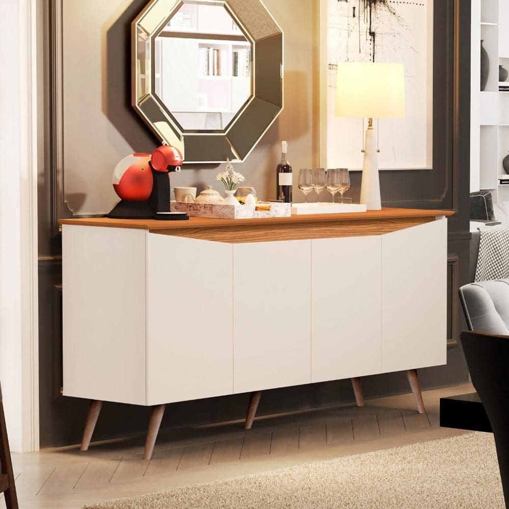 Aparador Buffet 4 Portas Retrô Com Pés De Madeira Off White - Nature Off White - Nature
